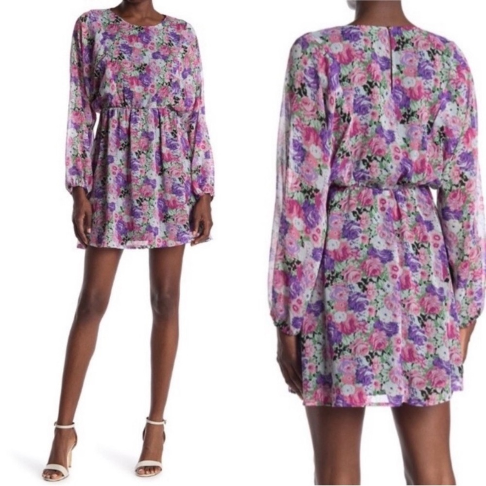 Wayf Long Sleeve Floral Print Mini Dress. Size S. Purple/Pink. Batwing Sleeve.